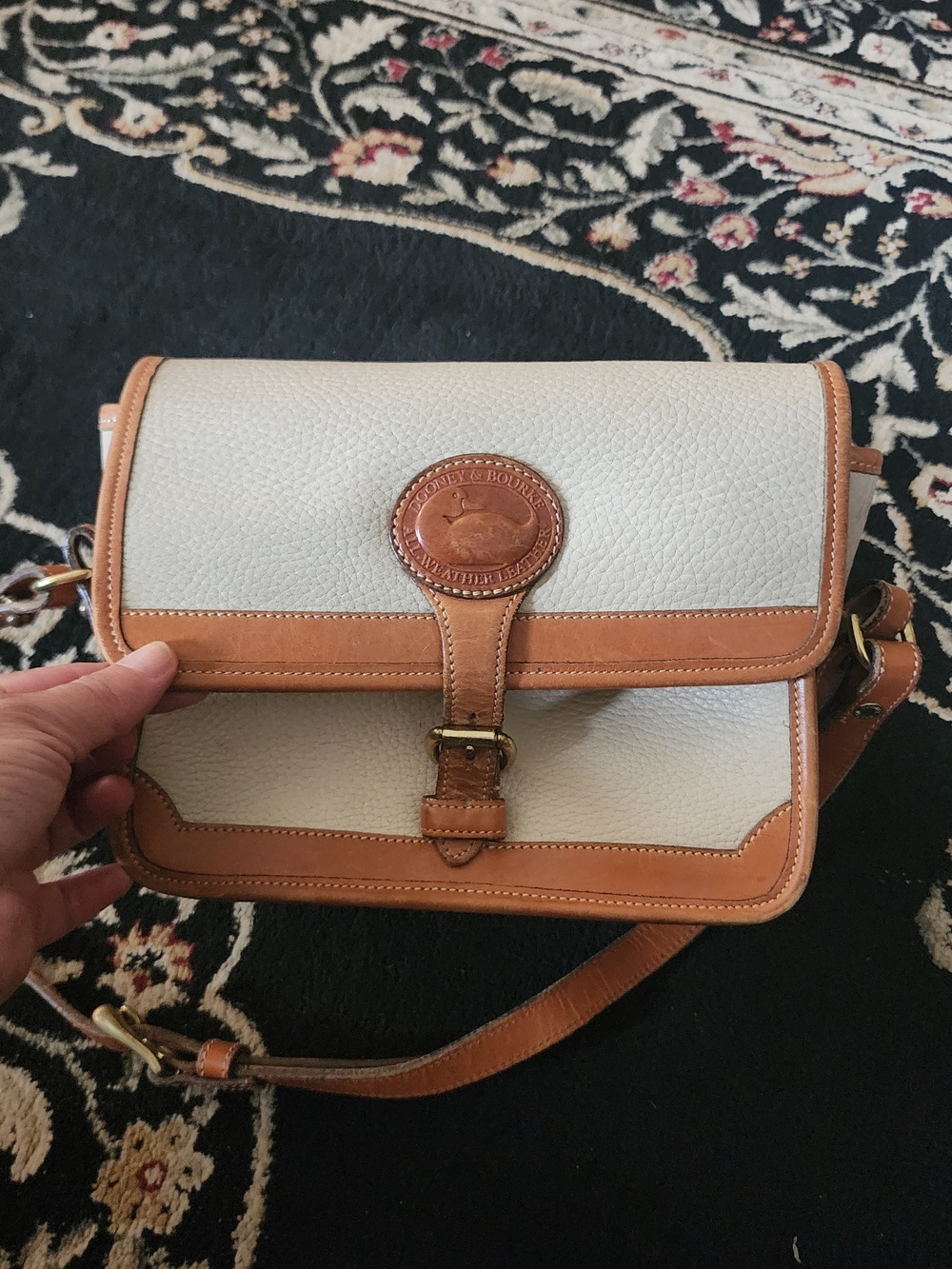 Vintage Dooney & Bourke AWL White & British Tan Cavalry Flap Crossbody Bag